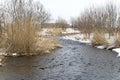 Shallow, fast, unfrozen river in winter. Snow melts spring streams