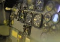 Shallow focus on Aircraft Cockpit Instruments, Control panel in old plane cockpit Royalty Free Stock Photo