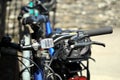 Shallow focus close up of a bicycle handlbars showing reflector