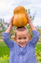 Shallow focus of a cute little boy holding a pumpkin above his head in a farm Royalty Free Stock Photo