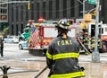 Shallow focus of a FDNY fire fighter seen on the streets of NYC.