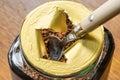 Shallow focus of a newly opened, instant coffee jar showing a tea spoon in the dried granules. Royalty Free Stock Photo