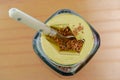 Shallow focus of a newly opened, instant coffee jar showing a tea spoon in the dried granules. Royalty Free Stock Photo