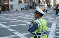 Shallow focus of an NYPD traffic office seen on duty at a busy crossroads in the city. Royalty Free Stock Photo