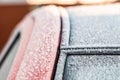 Shallow focus of part of a heavily frosted windshield and glass panoramic roof of a car during mid winter.