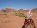 Shallow focus shot of an Arabian male traveling on a horse in a desert Royalty Free Stock Photo