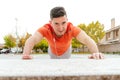 Shallow focus shot of a caucasian man with amputated hand during his workout