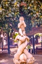 Shallow focus statue of a baby playing harmonica in reddish effect sitting on fish