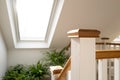 Shallow focus of the wooden texture of a first floor stairwell. Royalty Free Stock Photo