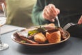 yorkshire pudding as part of a meal of roast beef and vegetables. Royalty Free Stock Photo