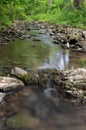 Shallow mountain stream in green forest at summer, water flows over wet stones, some stones are covered with moss Royalty Free Stock Photo