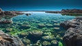Shallow pool of water with primitive ancient lifeforms and green algae. Generative AI