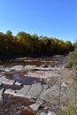 Shallow running waterfall lined with trees on a fall aftermoon