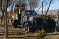 Shamakhi, Azerbaijan - January 07 2022- Barrels of wine on an old Russian truck
