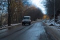 Shamakhi, Azerbaijan - January 07 2022- Car drives between Shamakhi and Demirchi distircts in a snowy day