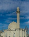 Shamakhi, Azerbaijan - January 07 2022-Mosque and minaret made of stone in Shamakhi city, Azerbaijan