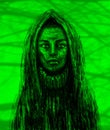Shaman girl in the hood. Green background