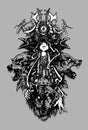 The shaman girl. Wolves and crows, witchcraft. Hand drawing for T-shirt or tattoo