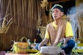 A shaman of Mah Meri tribe is preparing for Hari Moyang ritual at Pulau Carey Island, Selangor, Malaysia