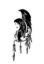 Shaman woman, raven bird and crescent moon tribal black and white vector portrait