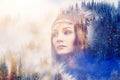Shaman woman in winter landscape, artist collage.