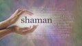 Shaman word cloud and healing hands Royalty Free Stock Photo