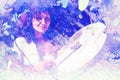 Shamanic girl with frame drum on abstract structured background. Marble effect. Royalty Free Stock Photo