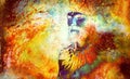 Shamanic man with on abstract structured space background.