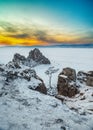 Shamanka rock at sunset,Lake Baikal, Siberia, Russia. Royalty Free Stock Photo