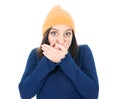 Shame. Close up beautiful young woman covering face with hands, isolated on white background. Oops. Ashamed girl Royalty Free Stock Photo