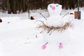 Shameless snowwoman with a raised skirt. Snowman standing on the background of white snowdrifts in the winter landscape.