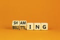 Shaming and belittling symbol. Concept words Shaming and Belittling on wooden cubes. Beautiful orange table orange background. Royalty Free Stock Photo