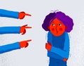 Shaming and blaming vector concept, hand pointing finger on young girl woman feeling uncomfortable and scared, discrimination