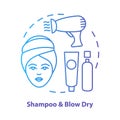 Shampoo and blow dry blue concept icon. Hair care, treatment products idea thin line illustration. Hairdresser salon