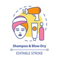 Shampoo and blow dry concept icon. Hair care and treatment products. Hairstyling idea thin line illustration