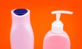For shampoo and bodywash. Refillable bottles closeup. Bottles with flip cap and pump dispenser