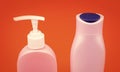For shampoo and bodywash. Refillable bottles closeup. Bottles with flip cap and pump dispenser