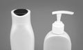 For shampoo and bodywash. Refillable bottles closeup. Bottles with flip cap and pump dispenser