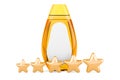 Shampoo bottle with five golden stars. 3D rendering