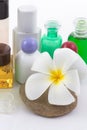 The shampoo bottle set with plumeria flower in spa