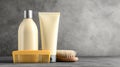 Well-organized Flat Composition of Hair Care Products Including Shampoo, Conditioner, and a Comb on a Minimalistic Royalty Free Stock Photo