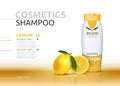 Shampoo cosmetic realistic mock up package orange essence. Vector 3D illustration. Cosmetic package ads template