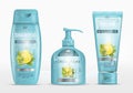 Shampoo packaging, cream tube, soap bottle with water drops template design.