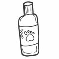 Shampoo for pets in doodle style. Large plastic bottle labeled Pet Shampoo. Accessory for pets hand drawing. Animal care icon