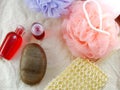 Shampoo and shower gel with bath puff and loofah spa kit top view Royalty Free Stock Photo