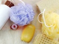 Shampoo and shower gel with bath puff and loofah spa kit top view