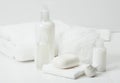 Shampoo, Soap Bar And Liquid. Toiletries, Spa Kit Royalty Free Stock Photo