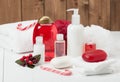 Shampoo, Soap Bar And Liquid. Toiletries, Spa Kit Royalty Free Stock Photo