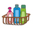 Shampoo and soap in a basket in the bathroom hand drawn set vector