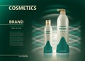 Shampoo and soap natural products realistic bottles. Mockup 3D illustration. Cosmetic package ads template. Water effect